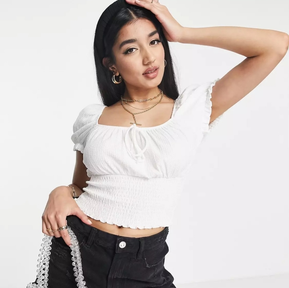 New Look milkmaid shirred crop top in white NWT